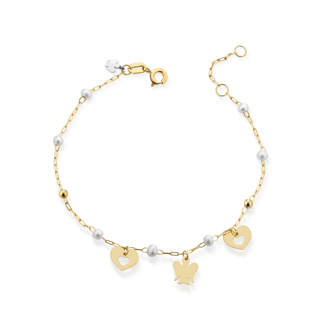 Bracciale Roberto Giannotti Oro 9kt con Perle, Cuori e Angelo
