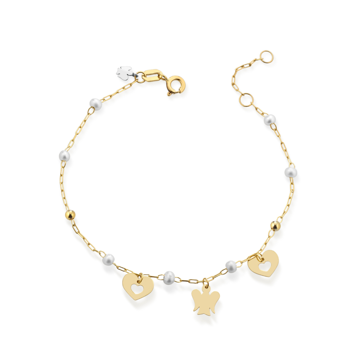 Bracciale Roberto Giannotti Oro 9kt con Perle, Cuori e Angelo