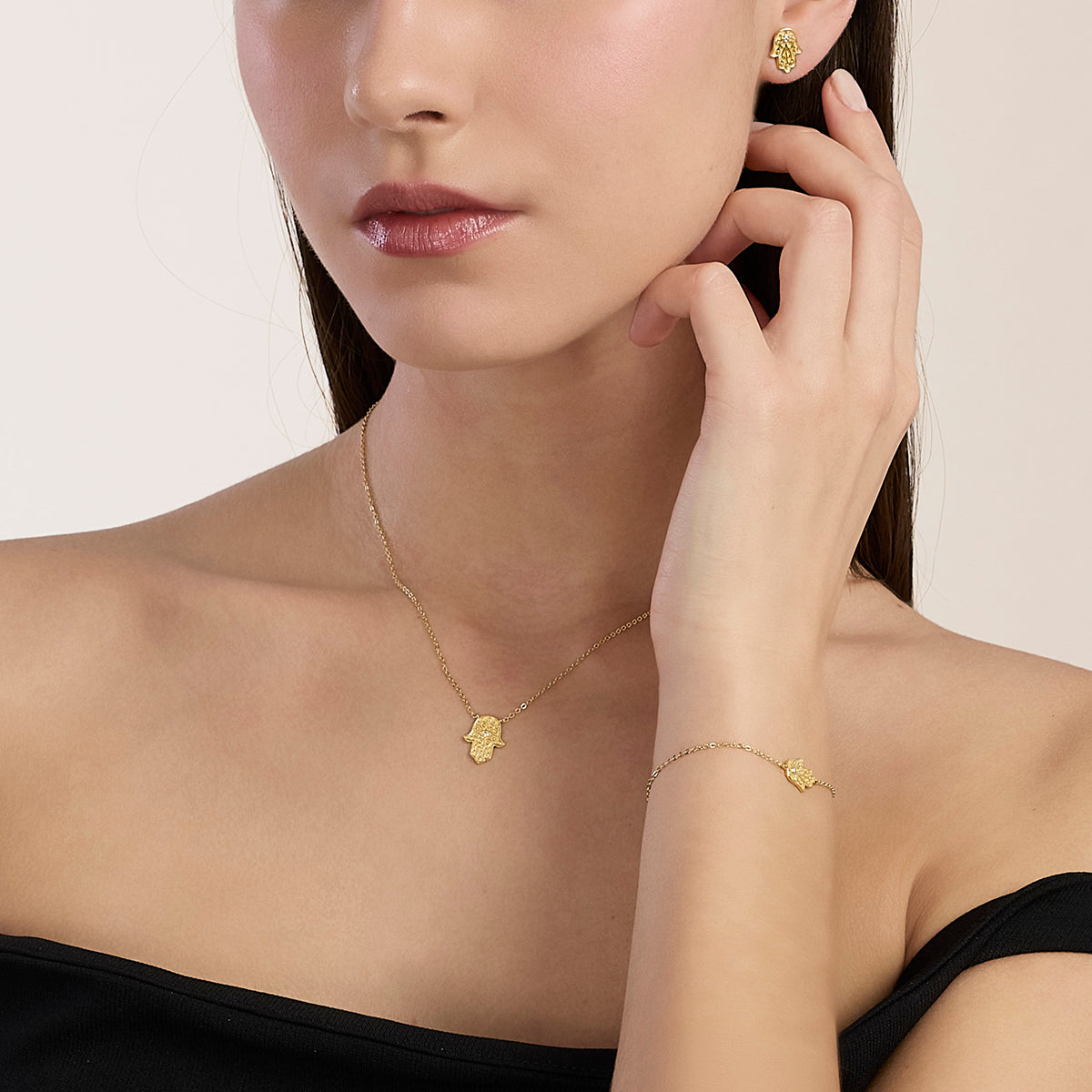 Orecchini Mabina Hamsa Argento 925 Placcato Oro 18K con Zirconi - vista 3