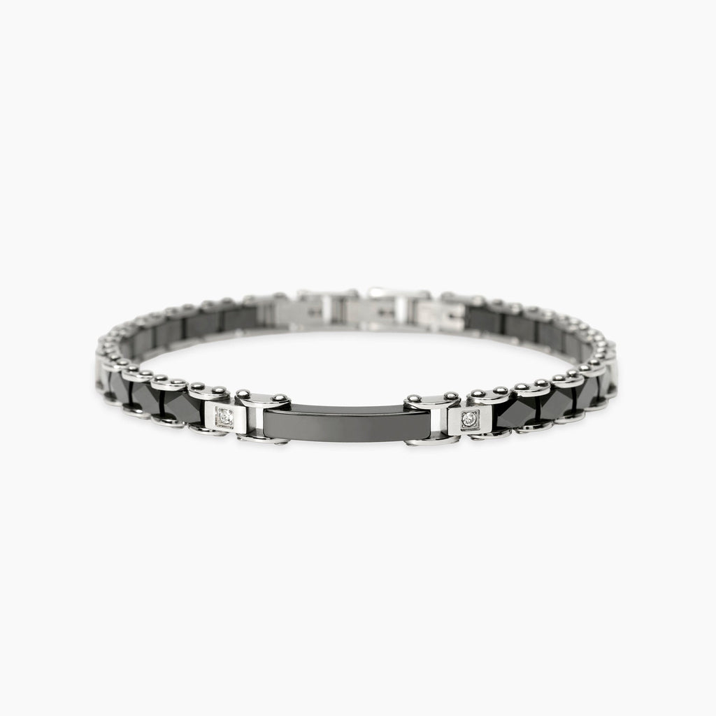 Bracciale Kidult Style Acciaio Ceramica Nera e Cristalli Bianchi