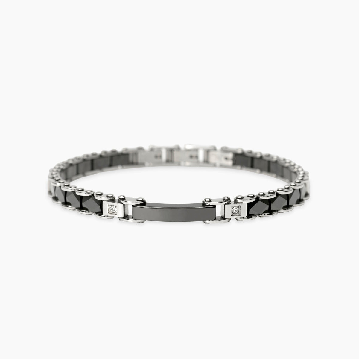 Bracciale Kidult Style Acciaio Ceramica Nera e Cristalli Bianchi
