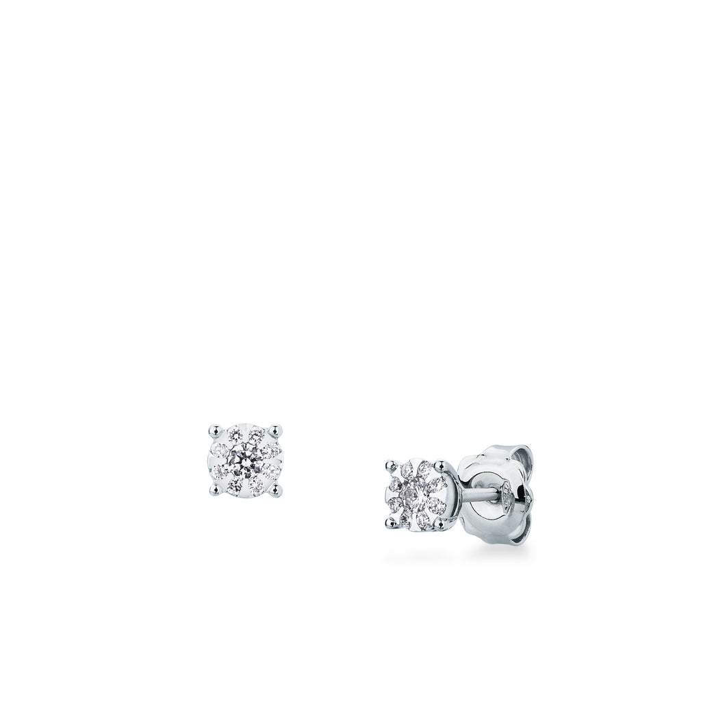 Orecchini multipietra Mirco Visconti in oro bianco 18 kt con diamanti 0,12 ct, fronte e profilo con perno e farfallina