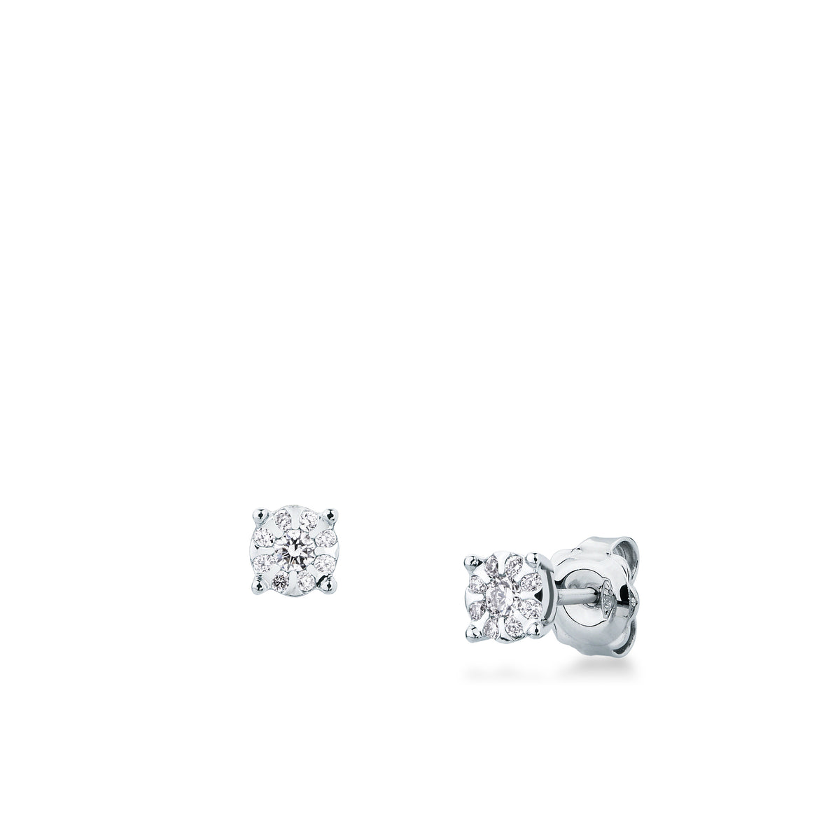Orecchini multipietra Mirco Visconti in oro bianco 18 kt con diamanti 0,23 ct, visti di fronte e di profilo con perno e farfallina