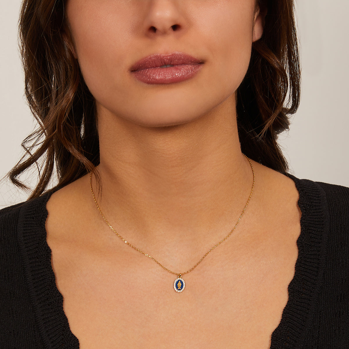 Collana Amen Mini Medaglia Miracolosa Blu Argento 925 Dorato - vista 2