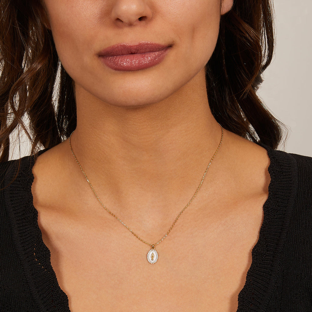 Collana Amen Mini Medaglia Miracolosa Bianco Perla Argento 925 Dorato - vista 2