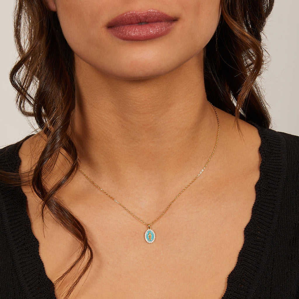 Collana Amen Mini Medaglia Miracolosa Turchese Argento 925 Dorato - vista 2