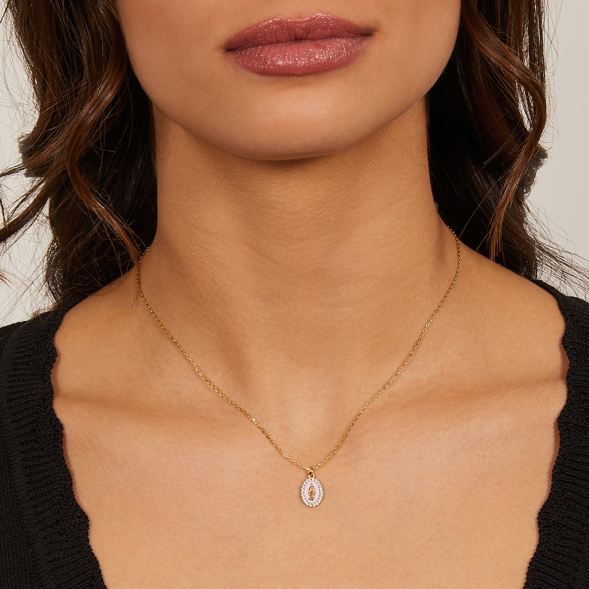 Collana Amen Mini Medaglia Miracolosa Rosa Perla Argento 925 Dorato - vista 2