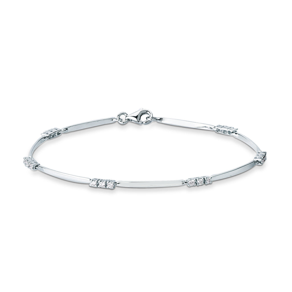 Bracciale Mirco Visconti in oro bianco 18kt con barrette lisce e gruppi di tre diamanti, chiusura a moschettone