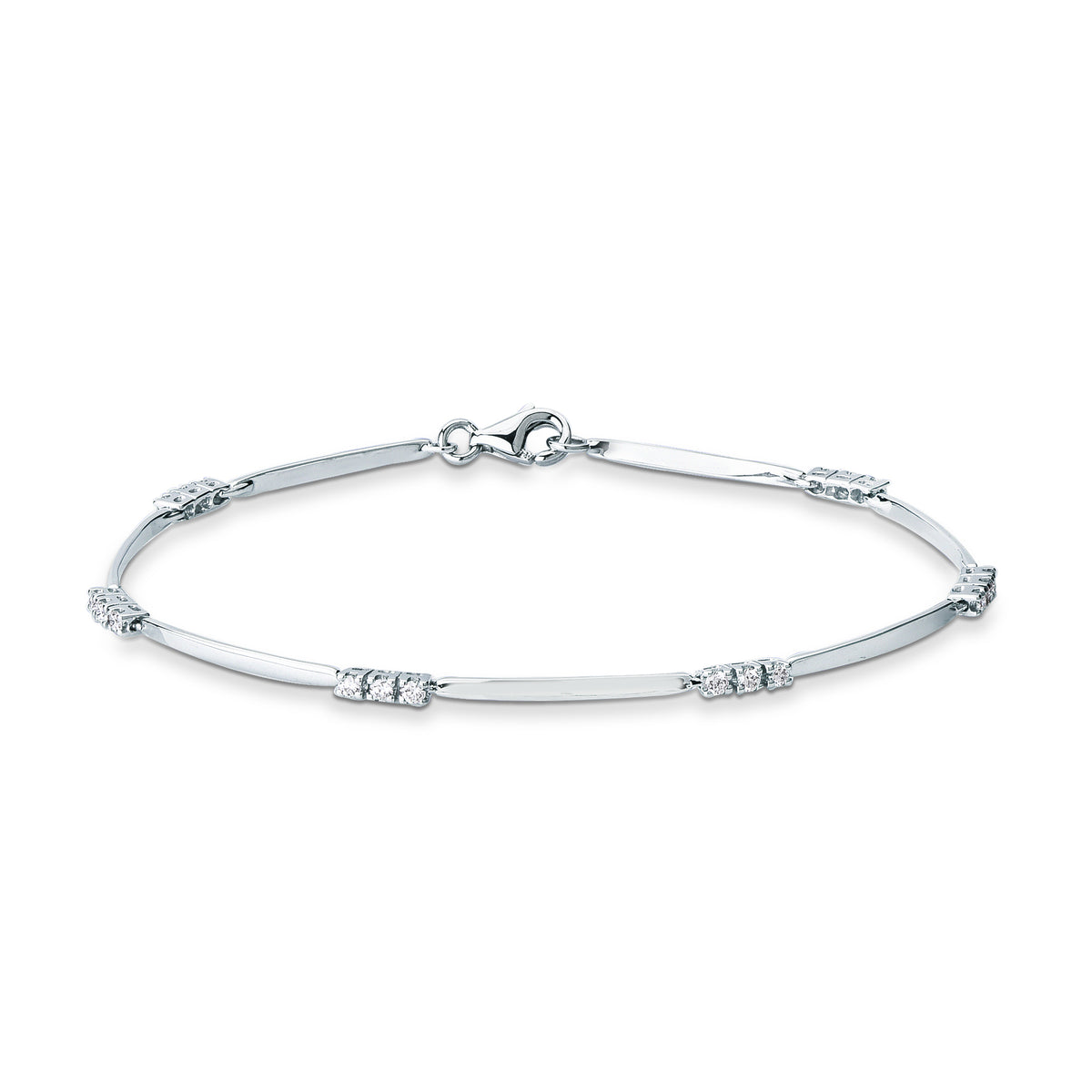 Bracciale Mirco Visconti in oro bianco 18kt con barrette lisce e gruppi di tre diamanti, chiusura a moschettone