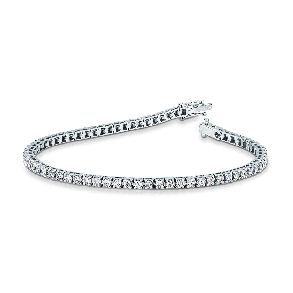 Bracciale tennis Mirco Visconti in oro bianco 18kt con diamanti 2,12 ct a griffe quadra, chiusura a scatola aperta, su fondo bianco