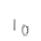Orecchini Mirco Visconti a cerchietto tondo in oro bianco 18 kt con due file di diamanti da 0,17 ct, visti di fronte e di lato