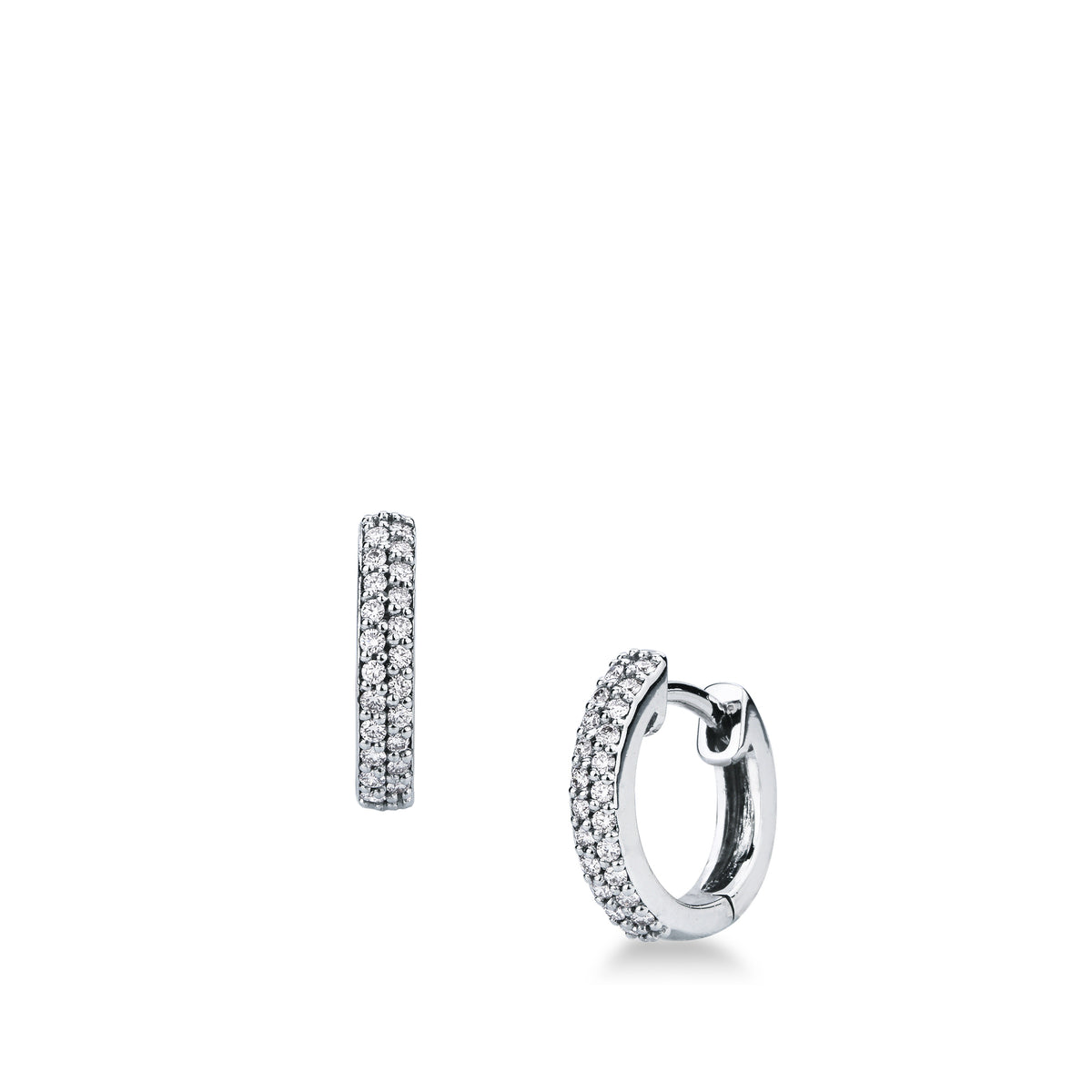 Orecchini Mirco Visconti a cerchietto tondo in oro bianco 18 kt con due file di diamanti da 0,17 ct, visti di fronte e di lato