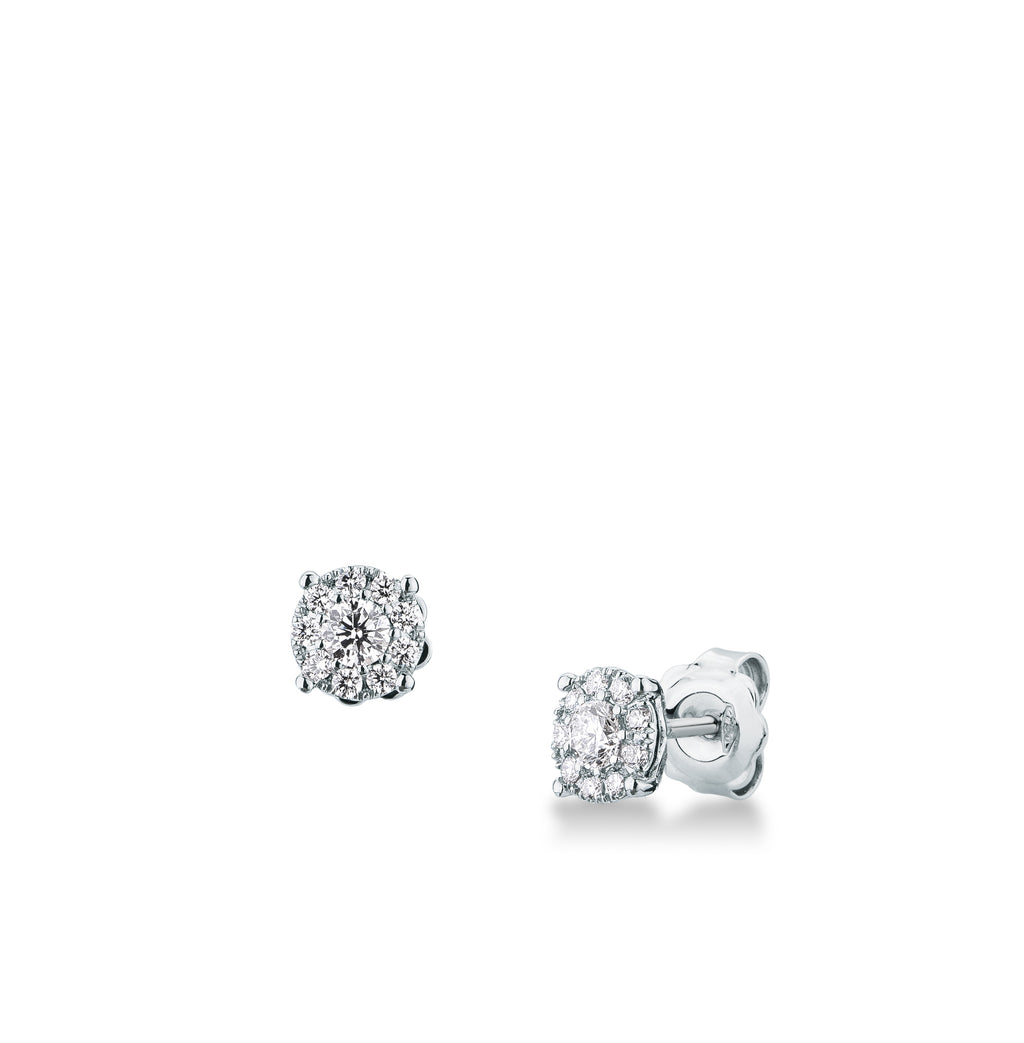 Orecchini multipietra Mirco Visconti in oro bianco 18 kt con diamanti 0,61 ct, fronte e profilo con perno e farfallina
