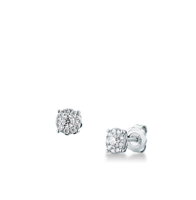 Orecchini multipietra Mirco Visconti in oro bianco 18 kt con diamanti 0,61 ct, fronte e profilo con perno e farfallina