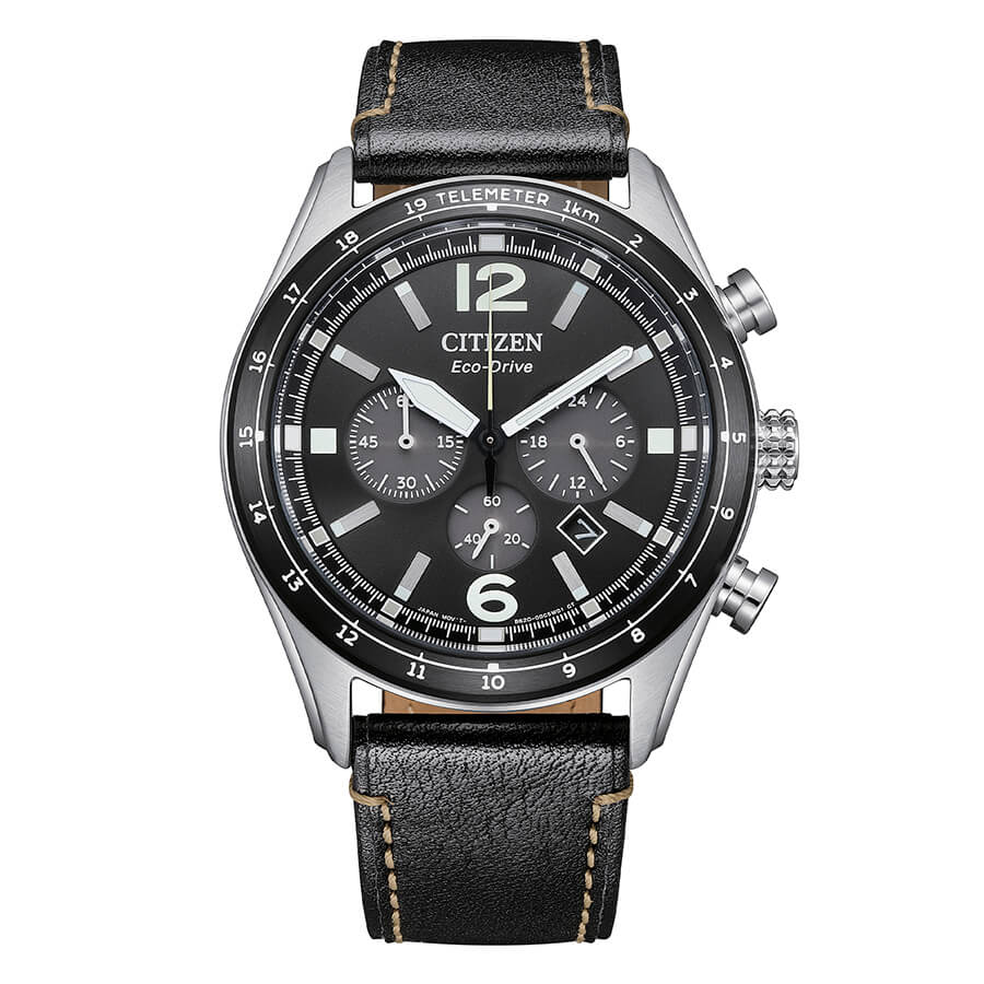Citizen Aviator Crono Eco-Drive pelle nera 43mm - frontale