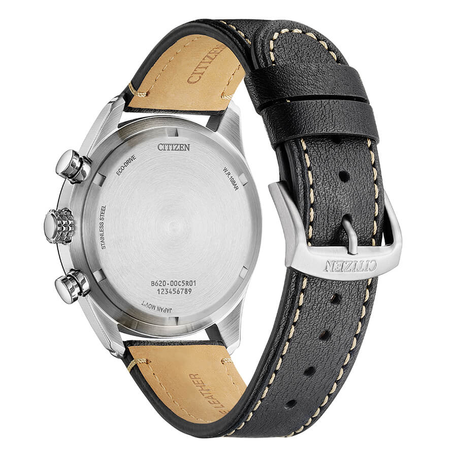 Citizen Aviator Crono Eco-Drive pelle nera 43mm - retro