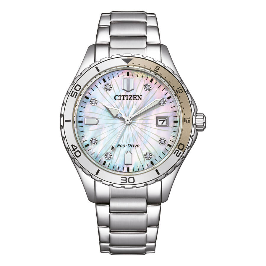 Orologio Citizen Lady Eco-Drive madreperla cristalli bianco avorio - frontale