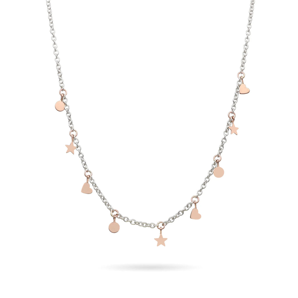 Collana Rubinia CA35AR-45 in argento 925 con anellini in oro rosa, fotografata con sigilli venduti a parte