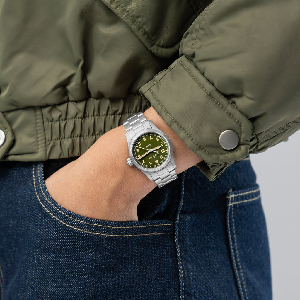 Orologio Hamilton Khaki Field Quartz 33mm Acciaio Verde - al polso
