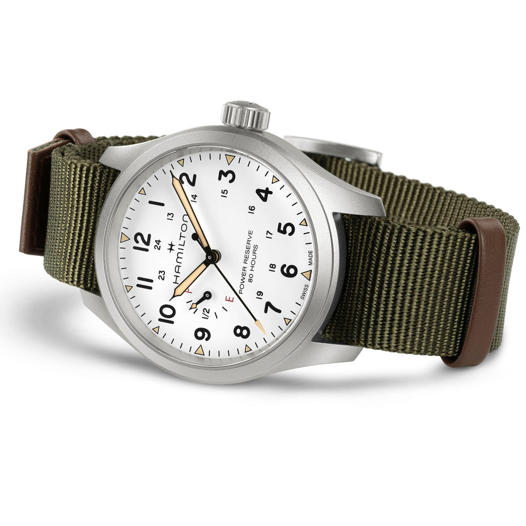 Orologio Hamilton Khaki Field Mechanical Power Reserve 40mm Nato Verde - vista laterale