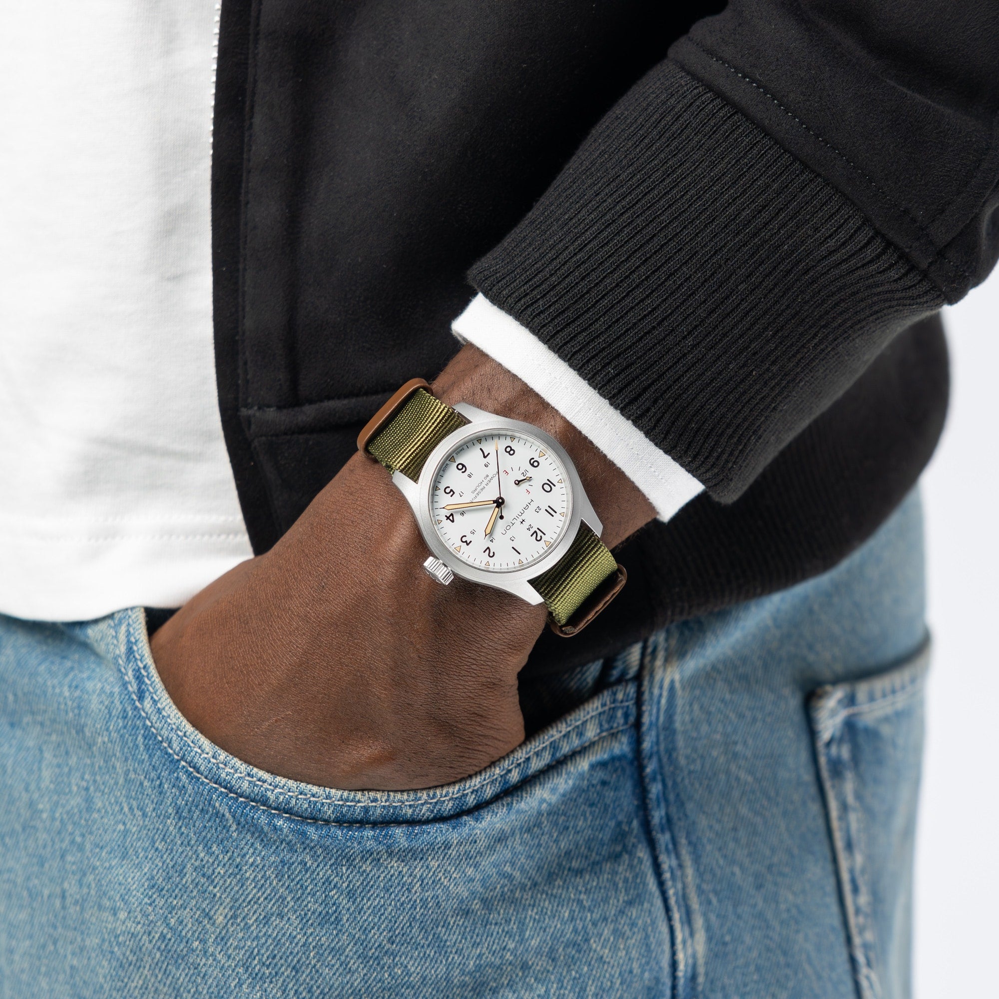 Orologio Hamilton Khaki Field Mechanical Power Reserve 40mm Nato Verde - al polso