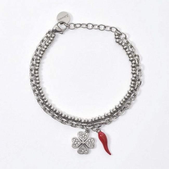 Bracciale 2jewels Acciaio Cornetto Rosso Quadrifoglio